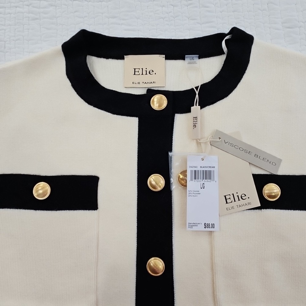 Elie Tahari Sleeveless Knit Vest NEW Women's L Large Black Cream Button Front - Picture 4 of 16